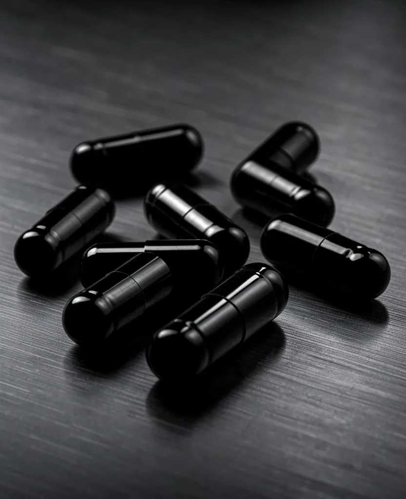 Dark supplement capsules on metal surface