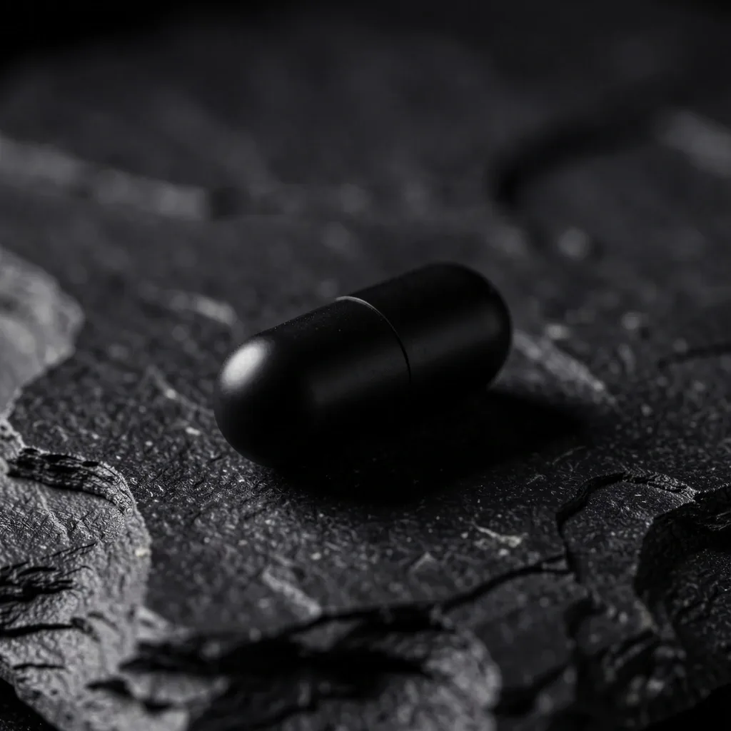 Close-up of a black supplement capsule on a dark surface