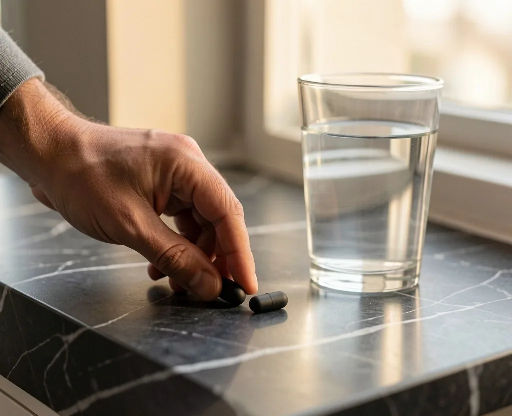Hand placing capsules on a counter beside water