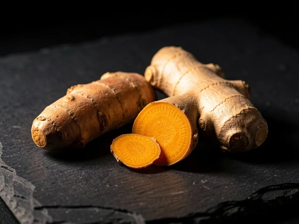 Turmeric and ginger roots on a dark surface