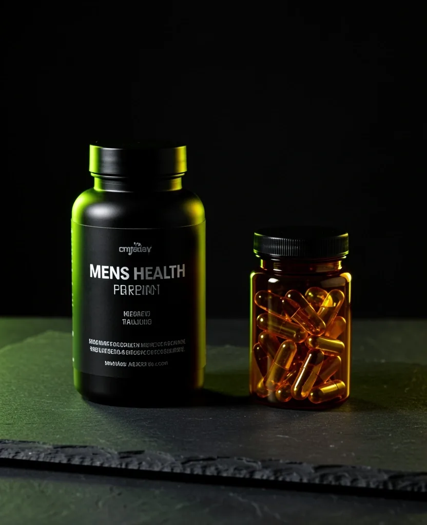 Dark supplement containers on a matte surface