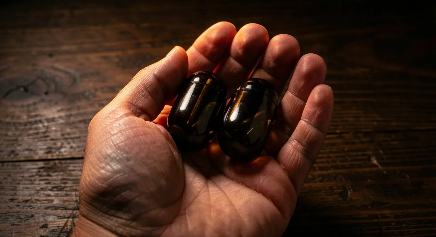 Hand holding dark supplement capsules