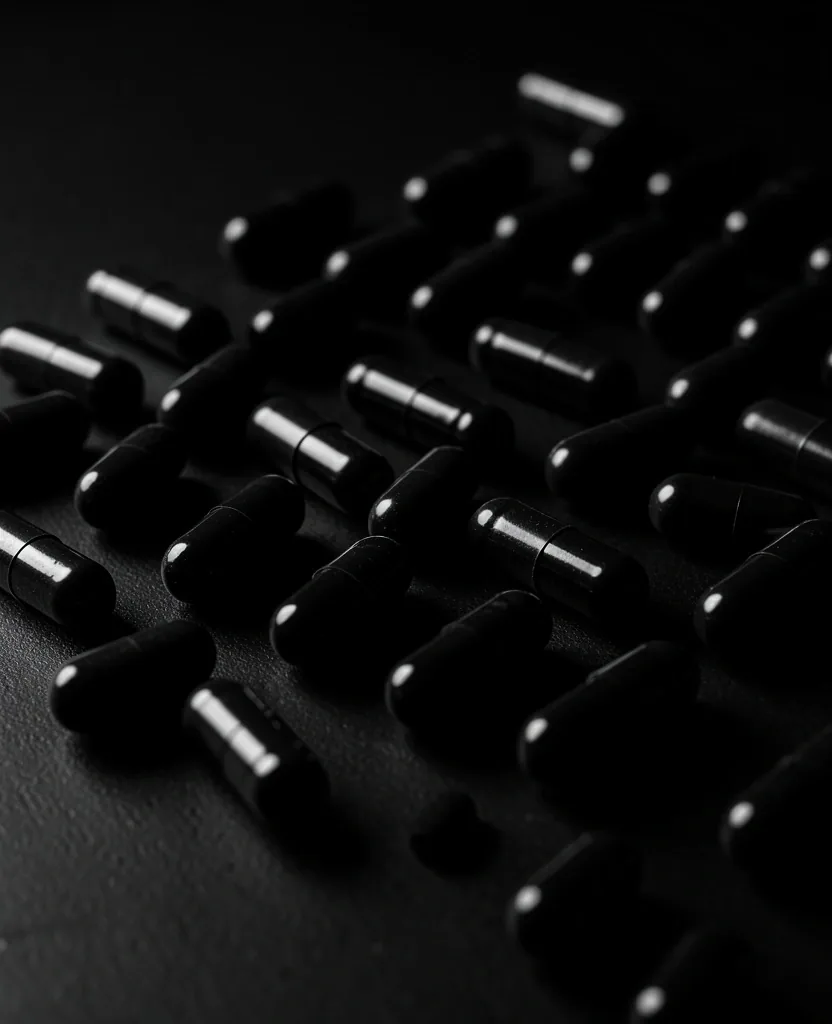 Dark supplement capsules arranged on a black surface
