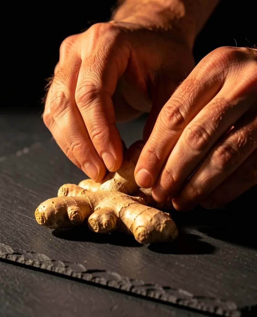 Inspector examining dried ginger root for supplement quality