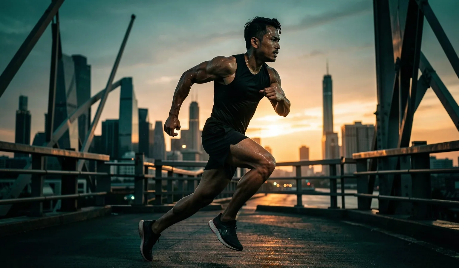 Runner navigating an urban environment at dawn — endurance in context