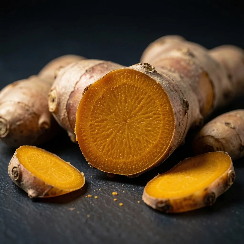 Raw turmeric and ginger root macro photography